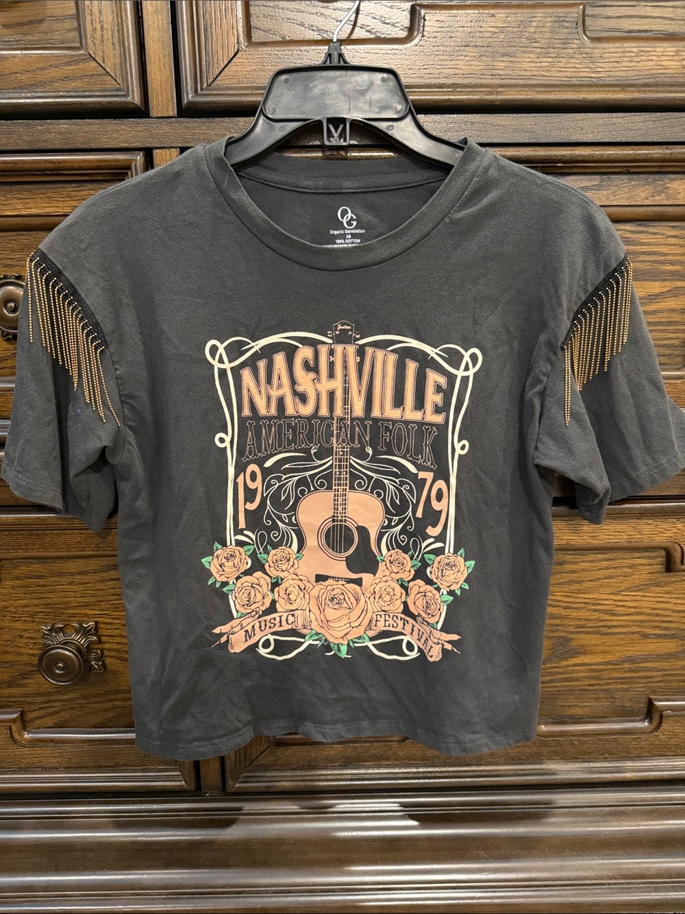 Nashville Graphic Fringe Crop Tee - Dark Gray XS